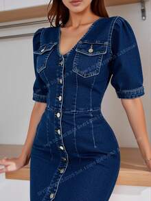 EURMUSE Women's Short Puff Sleeve Single-Breasted Fitted Elegant Denim Dress Long Sleeve Denim Dress Button Down Denim Dress Denim Dress Women Jeans Dress - Dark Wash - View 2