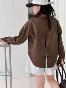 DAZY Tween Girls Casual Shirt With Backside Cutout And Bow Design, Versatile And Fashionable For Everyday Wear Long Sleeve Tops Girl - Brown - View 1