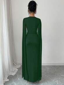 Rafferiza Women Embroidered Gold Braided Waistband V-Neck Cinched Waist Slit Sleeve Bodycon Dress Fall Cloth For Women