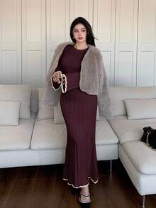 Feyla Váy len dệt kim viền bèo tay loe viền đuôi cá màu sắc thanh lịch dành cho nữ, mùa thu/đông - Màu Đỏ Sâu - Xem 2