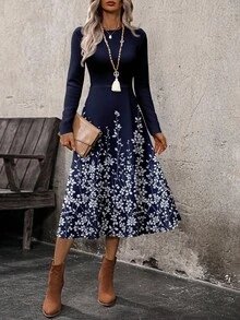 EMERY ROSE Vestido largo de manga larga con estampado floral para mujer, vestido floral azul marino, vestido de estampado floral azul, vestido midi de manga larga, vestido midi elegante con estampado floral para mujer, vestido elegante azul marino para mujer