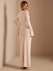 SHEIN BAE 杏色长袖针织褶皱腰部扭结下摆直筒连衣裙，优雅连衣裙，约会连衣裙，伴娘礼服，生日派对连衣裙，杏色连衣裙，秋冬叠穿连衣裙，婚礼宾客连衣裙，女士优雅连衣裙，棕色连衣裙，万圣节，圣诞节连衣裙 - 杏色 - 查看 2