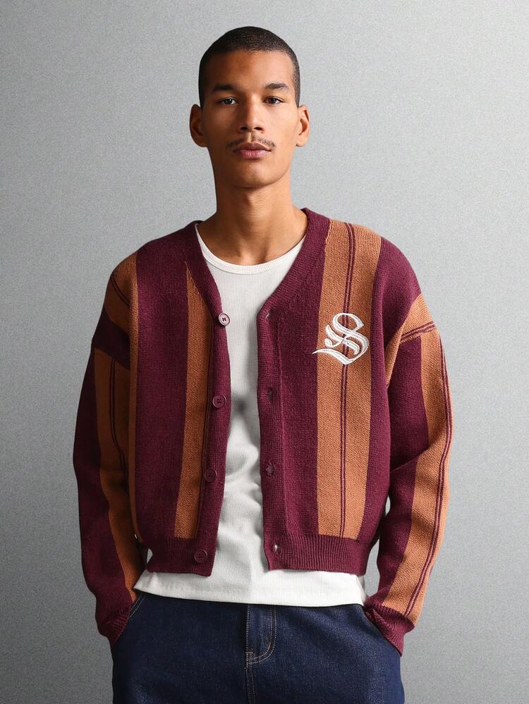 Button Up Striped Cardigan With Embroidered Gothic Letter