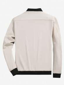 Manfinity Homme 男士长袖休闲撞色拼接夹克，秋季宽松运动拉链白色外套 - 卡其色 - 查看 2