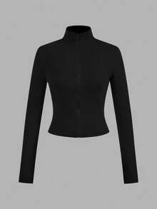 SHEIN EZwear 2pcs Black Knit Zip-Up Long Sleeve T-Shirt For Women, Suitable For Autumn/Winter,Fall - Multicolor - View 4