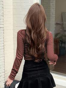 DAZY 女式字母印花侧抽绳 T 恤，秋季服装，返校服装学院风上衣长袖女式上衣 - 咖啡棕 - 查看 3