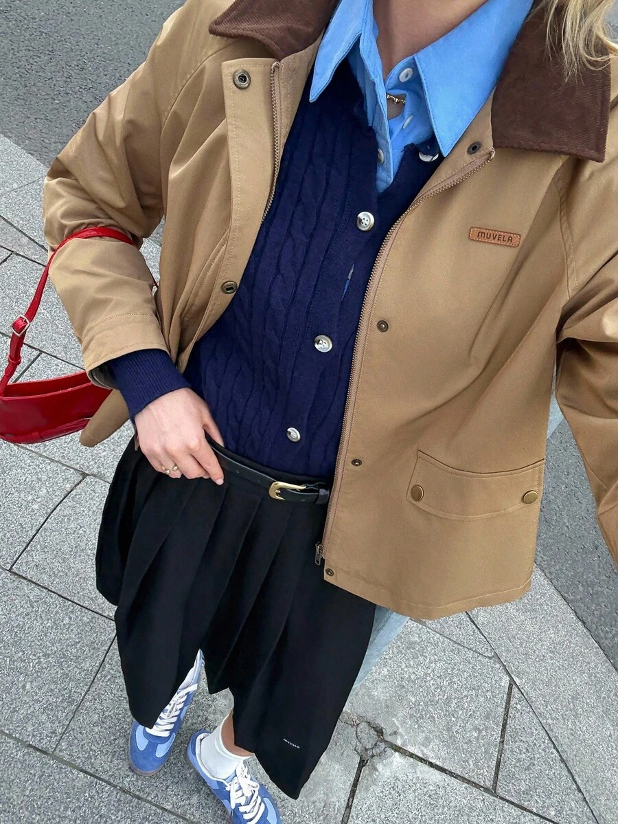 SHEIN Unity Áo khoác gió ngắn tay dài cho nữ, kiểu dáng retro sinh viên, cổ điển, Anh Quốc, trang phục thường ngày thoải mái, nhẹ nhàng, thể thao, du lịch, sân bay, mùa thu - màu nâu - Xem 1