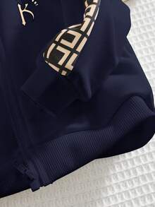 2 件套男婴/女婴休闲运动服，宽松字母图案印花装饰拉链夹克和裤子套装，适合外出、上学、聚会、秋冬返校服装，加厚羊毛 - 彩色 - 查看 6