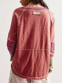 Bohemela Camiseta casual de mujer talla grande con aplicación floral y contraste de color en cuello redondo y mangas raglán - Multicolor - Ver 7