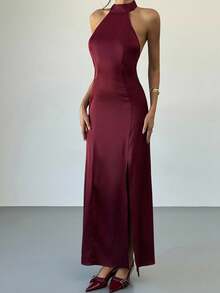 Aloruh 女士时尚优雅露肩开衩露背连衣裙 - 中紫紅色 - 查看 4