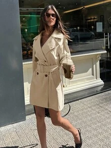 Aloruh 女士优雅翻领腰带卡其色纯色中长款风衣 - 卡其色 - 查看 6