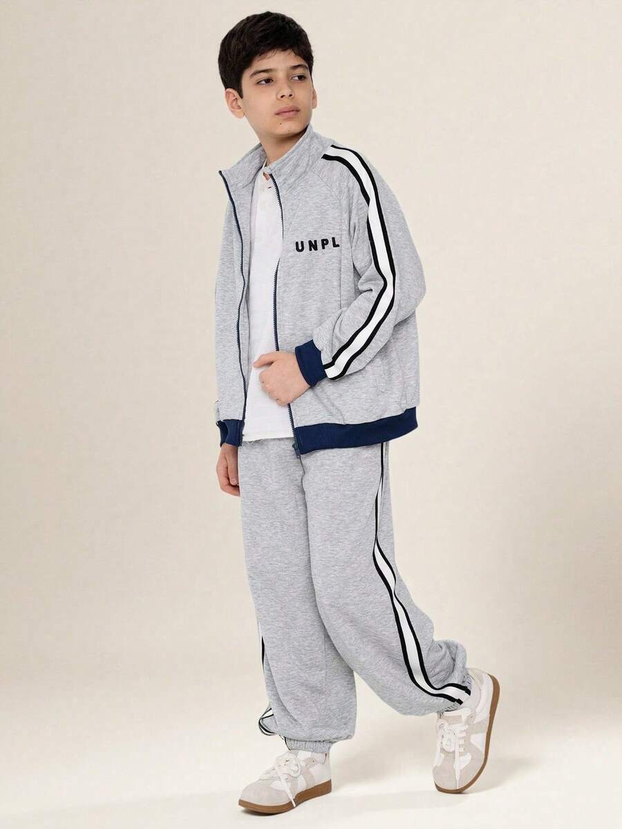 SHEIN Explorewe 2 件/套大童长袖拉链条纹纯色休闲装，上衣为拉链夹克，下装为锥形裤，灰色调搭配黑白条纹，休闲哥特风格基本款运动服，宽松版型 - 灰色 - 查看 1