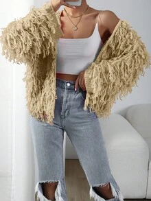 EMERY ROSE Women's Casual Solid Color Fringe Long Sleeve Cardigan - Beige - View 1