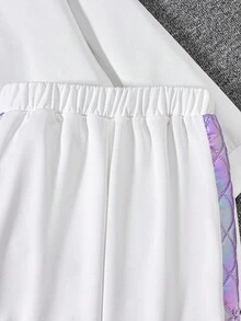 SHEIN 青少年女孩绗缝背心和心形贴花运动衫和裤子休闲保暖实用 3 件套秋冬季服装 - 淡紫色 - 查看 4