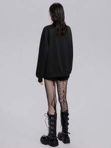 Breakform 女士时尚深色哥特式万圣节骷髅印花圆领落肩宽松休闲运动衫 - 黑色 - 查看 2