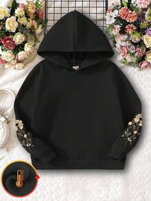 年轻女孩花卉印花连帽套头衫，日常休闲 - 黑色 - 查看 3