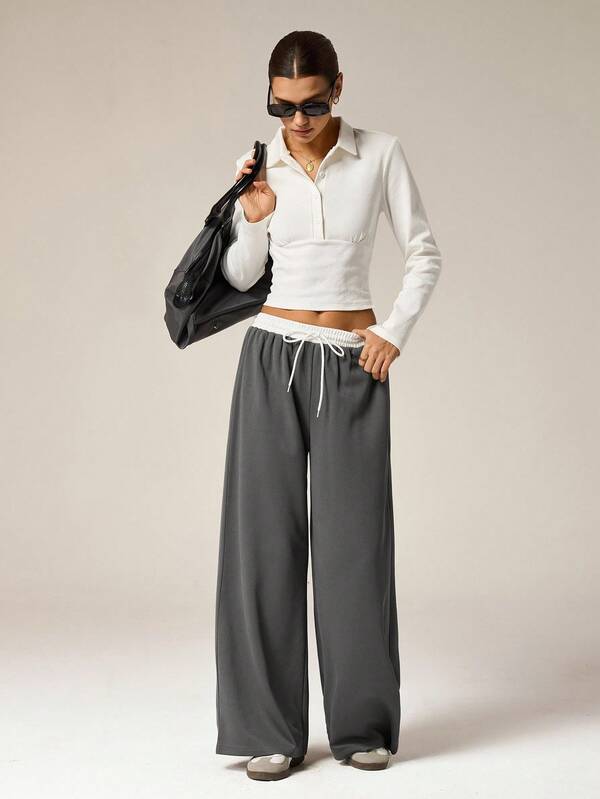 Hanevo Women's Fashion Color Block Elastic Waist Drawstring Loose Casual Pants