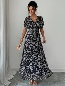 Elenzga 女士优雅法式度假宽松 V 领落肩褶皱 A 字连衣裙，适合海滩、下午茶、派对 - 黑色 - 查看 7