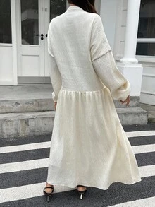 DAZY Women's V-Neck Cinched Waist Long Sleeve Loose Flared Dress Maxi Dress - White - View 2