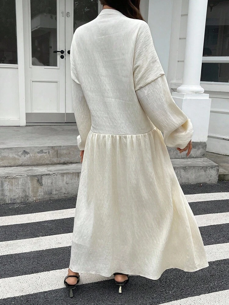 Women's V-Neck Cinched Waist Long Sleeve Loose Flared Dress Maxi Dress