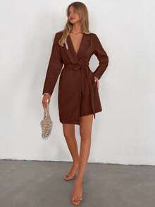 EURMUSE Robe longue à manches longues et à taille nouée de couleur unie, minimaliste. Convient pour le travail et les déplacements - Marron fonçé - Voir 4