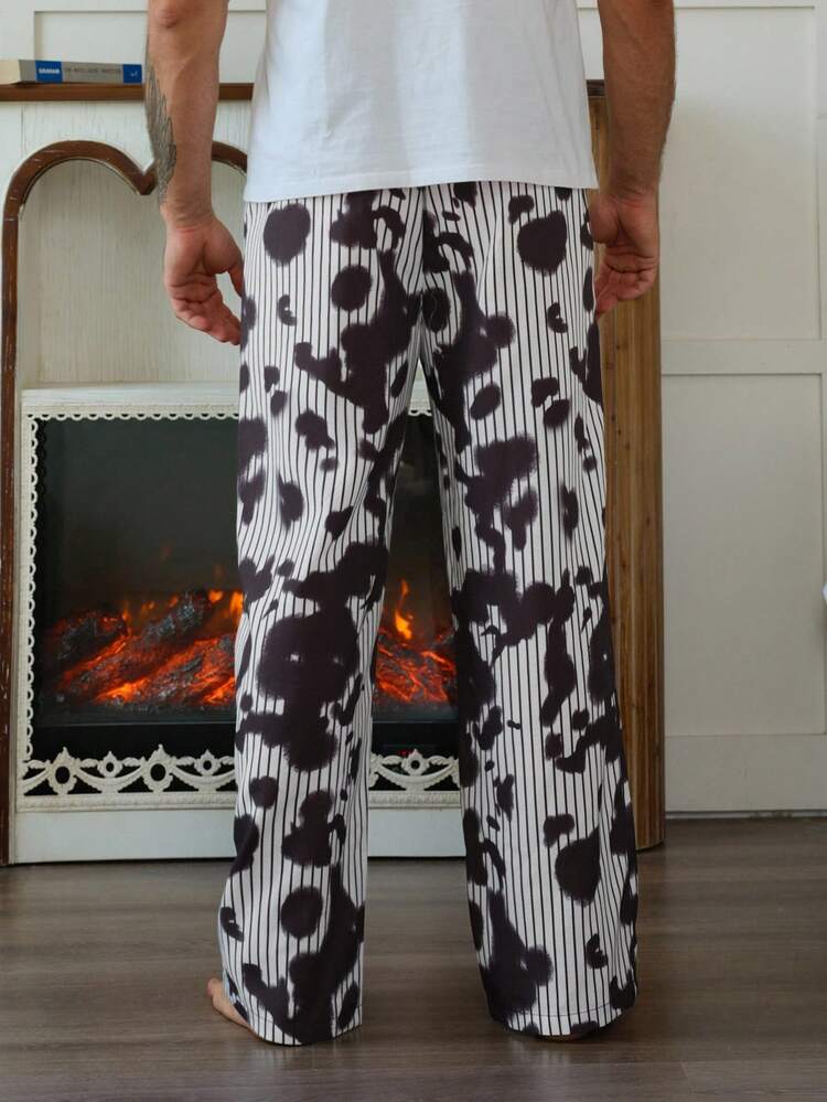 Men's Autumn Leopard And Striped Print Elastic Waist Slant Pocket Lounge Pants, Fall Pajama