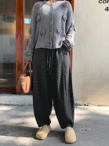 FRIFUL Women's Plaid Harem Carrot Ankle-Length Pants - Grey - View 3