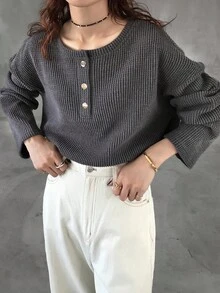 FRIFUL Kaos Wanita Polos Warna dengan Kancing Setengah Plaket, Bahu Jatuh, Lengan Panjang, Kasual, Longgar, Musim Gugur - Grey - View 5