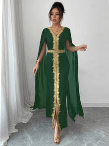 Rafferiza Women Embroidered Gold Braided Waistband V-Neck Cinched Waist Slit Sleeve Bodycon Dress Fall Cloth For Women