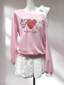 INAWLY Sweatshirt Kasual Wanita Motif Hati Bordir Bahu Miring untuk Kembali ke Sekolah, Cocok untuk Kampus, Rumah, dan Aktivitas Luar Ruangan - Berwarna merah muda - View 3