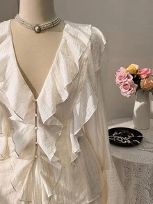 Sweetra 大码荷叶边喇叭袖优雅两件套 - 杏色 - 查看 2