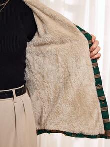 Miaspire Plaid Print Teddy Lined Snap Button Drawstring Hooded Coat - Dark Green - View 6