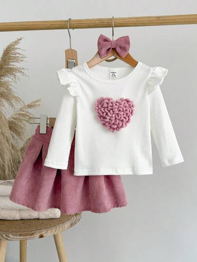 SHEIN 3 件套女童秋冬甜心盖袖上衣 + 粉色灯芯绒裙子 + 发饰套装