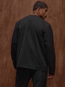 Musero Long Sleeve Pin Stripe Collarless Button Up Blazer /Winter Tailoring - Black and White - View 2