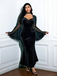 Viva Relle Valentine Plus Size Women Sweetheart Neck Velvet & Mesh Patchwork Bodycon Dress - Black - View 5
