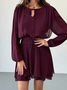 Aloruh 梅紫色浪漫约会音乐节系带长袖荷叶边下摆迷你连衣裙（女士） - 中紫紅色 - 查看 6