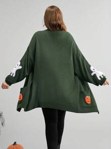 Comfylo 大码女式万圣节南瓜幽灵图案休闲长袖开衫，适合万圣节服装、秋冬季办公室穿着，日常穿着，节日优雅，办公室女神风 - 綠色 - 查看 2