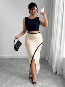 Elenzga Plus Size Knitted Patchwork Contrast Color Hem Slit Skirt For Women - Apricot - View 6
