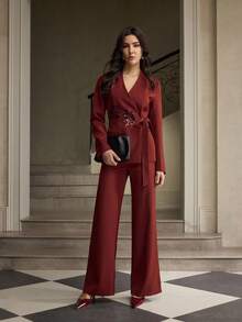 ZEYLAH Chaqueta blazer de mujer con mangas largas, unicolor, con decoración de lentejuelas florales y lazo lateral, para otoño - Rojo - Ver 4