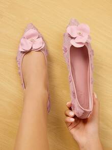 CUCCOO HITCHD Women's Floral Embroidered Lace Pointed Toe Flats, Elegant Sweet Romantic Comfortable Light Pink Mesh Formal Dress Shoes, Bridesmaid Shoes, Ballet Flats, Wedding Guest Shoes, Suitable For Weddings, Galas, Christmas, Thanksgiving, New Year, Valentine's Day, Birthdays, Parties - Pink - View 3