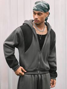 AXEPEAK Sudadera con capucha casual y versátil para hombres con parches de color contrastante, de felpa, para otoño e invierno