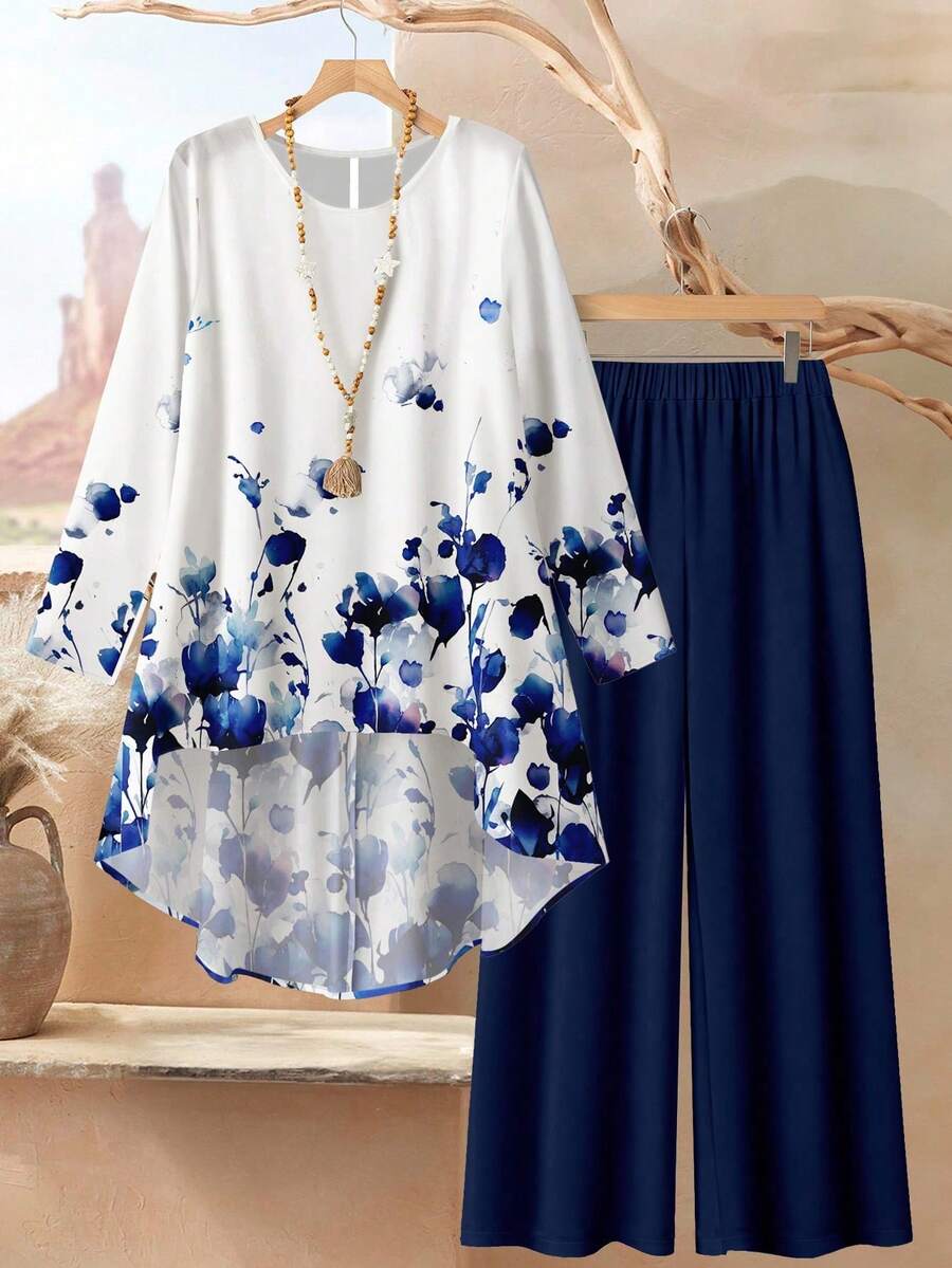 Rusticease 2pcs Women Vintage Floral Loose Fit Round Neck Long Sleeve Top And Pants Set, Suitable For Autumn/Winter Fall Clothes For Women Blouse And Pants Set