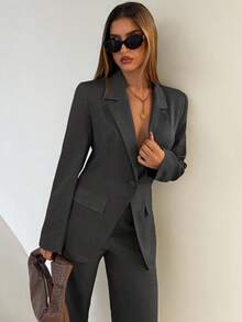 Aloruh Women's Solid Color Blazer And Pants Suit, Fashionable For Commuting In Fall/Winter,Cozy Fall And Winter Clothes For Women - Grey - View 2