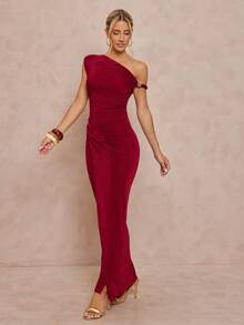 Lumalex Asymmetric Shoulder Exposed Shoulder Metal Decor Waist Fitted Dress For Women - Red - View 4