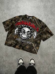 SHEIN 涂鸦肖像，枯叶背景图案，街头风格，儿童精选系列，日常基本款，快乐的孩子，适合孩子的柔和色彩，骑行风格，家庭旅行，快乐的日子，我爱妈妈，我爱爸爸，可爱的家，酷酷的孩子，青少年男孩休闲简约短袖圆领T恤，适合夏季 - 彩色 - 查看 1