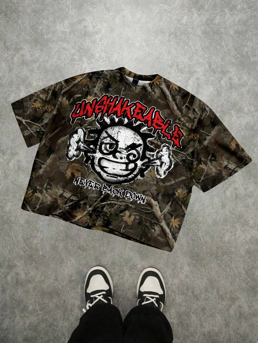 SHEIN 涂鸦肖像,枯叶背景图案,街头风格,儿童精选系列,日常基本款,快乐的孩子,适合孩子的柔和色彩,骑行风格,家庭旅行,快乐的日子,我爱妈妈,我爱爸爸,可爱的家,酷酷的孩子,青少年男孩休闲简约短袖圆领T恤,适合夏季 - 彩色 - 查看 1