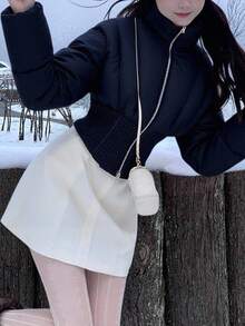 DAZY 女士夹棉大衣，腰部收紧设计，立领，下摆拼接，休闲保暖内衬厚夹克冬季 - 黑色 - 查看 2