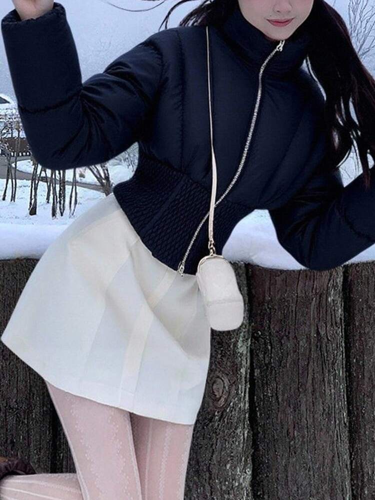 Women's Padded Coat With Waist Cinching Design, Stand Collar, Hem Splicing, Casual Thermal Lined Thick Jacket Winter