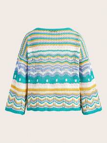 Flirla Plus Size Wavy Striped Knit Sweater - Green - View 2