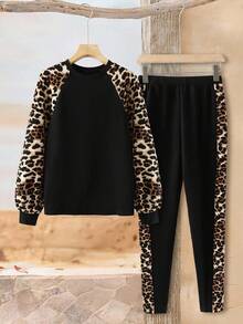 Rusticease 2 件套女士冬季新款街头豹纹拼布圆领长袖运动衫和紧身裤休闲套装女士运动套装 - 黑色 - 查看 1